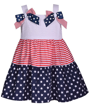 Смешанное платье с принтом Americana с открытыми плечами и бантом для маленьких девочек с соответствующим чехлом для подгузников Bonnie Baby