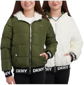 DKNY Girls' Hooded Puffer Jacket - Insulated Reversible Faux Fur Bomber Winter Coat - Quilted Outerwear for Girls (7-16) DKNY