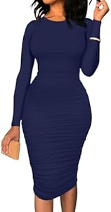 Женское Вечернее Платье BEAGIMEG Ruched Long Sleeve Elegant Bodycon Basic Casual Midi Dress BEAGIMEG