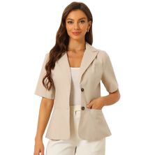 Cotton Linen Blazer For Women's Office Business Short Sleeve Notched Lapel Blazer Jacket ALLEGRA K