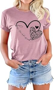 Womens Valentines T-Shirt Print Graphic Tees Cute Love Heart Shirts Casual Short Sleeve Kfulemai