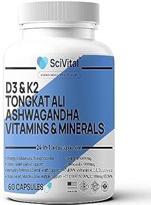 Ashwagandha 10000mg Tongkat Ali 40000mg Supplement with Multivitamin D3 K2 - Men's Health & Stress, Mood, Energy, Endurance Support - Ashwagandha Capsules Tongkat Ali for Men USA - 60 Count SciVital