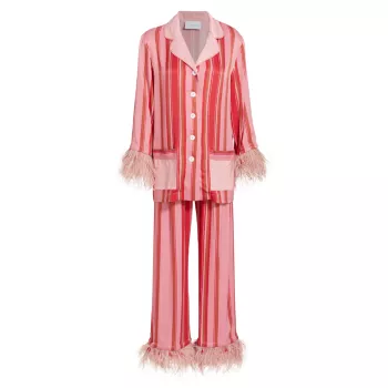 Striped Feather-Trim Two-Piece Pajama Set Sleeper
