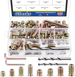 Glarks 134Pcs 1/4"-20 5/16"-18 Furniture Screw in Nut Threaded Inserts Assortment Kit, 10/12/15/20/25mm Wood Inserts Bolt Fastener Connector Hex Socket Drive with Twist Drill and Hex Wrench Set Glarks