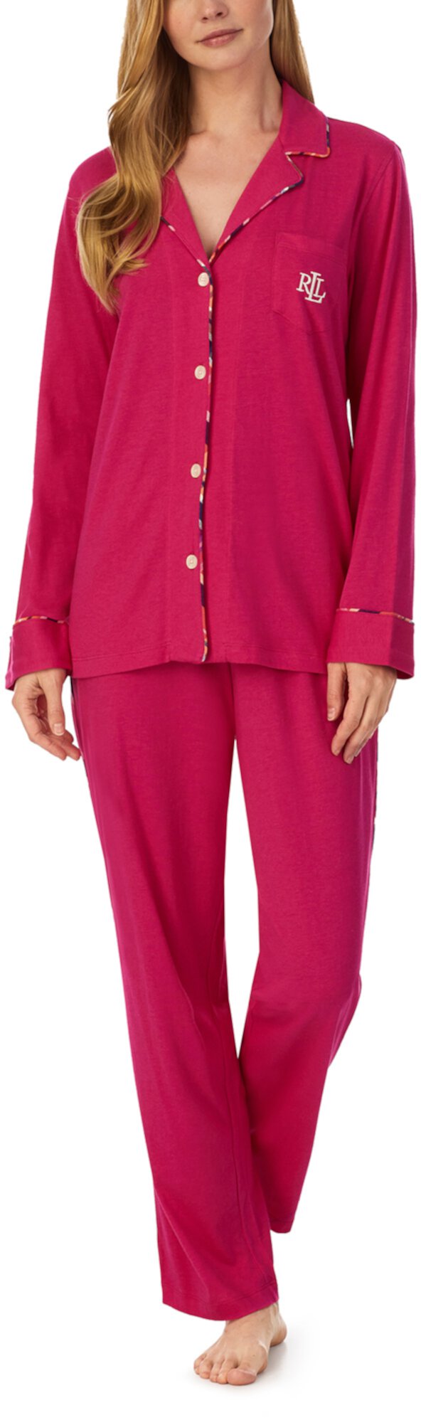 Вязаный пижамный комплект с длинными рукавами и однотонным вырезом Ralph Lauren