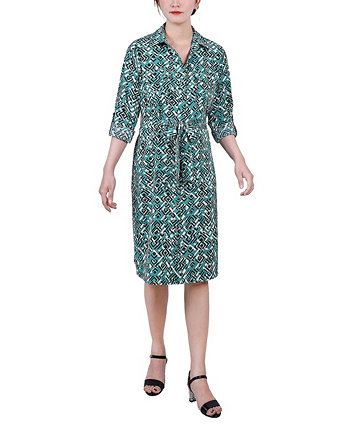 Платье-рубашка с отворотами на рукавах и длинными рукавами с геометрическим принтом Petite NY Collection
