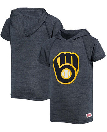 Темно-синий пуловер с капюшоном с короткими рукавами и регланами для мальчиков и девочек Milwaukee Brewers Stitches