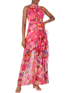 Halter Chiffon Print Ruffled Gown Betsy & Adam