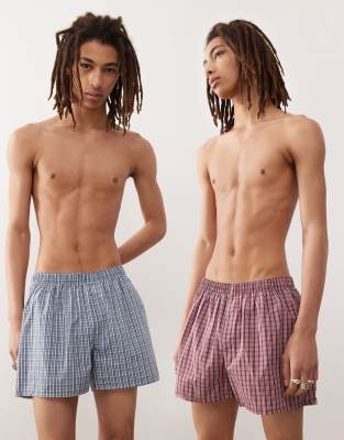 Weekday boxer shorts 2-pack in blue and red check Weekday