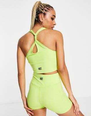 HIIT crop tank top with twist back in lime HIIT