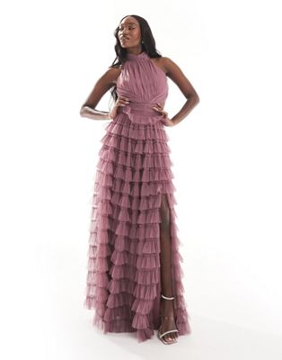 Розовое платье макси с высоким воротником, юбкой с рюшами и открытой спиной Beauut Bridesmaid Beauut