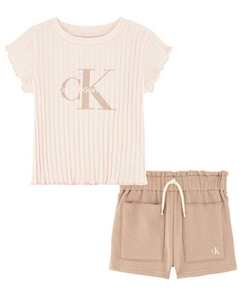 Футболка с логотипом в рубчик для маленьких девочек и шорты из креп-френч-терри, комплект из 2 предметов Calvin Klein