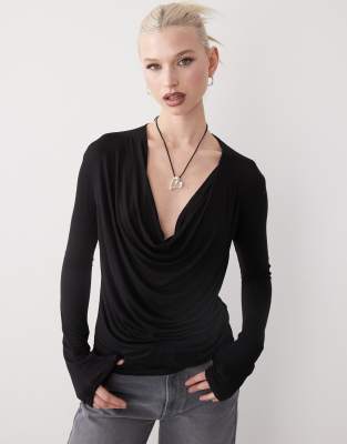 Weekday draped front long sleeve top in black Weekday