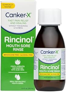 Canker-X Rincinol Oral Rinse Mouthwash, Quick Pain Relief from Canker Sores, Mouth Burns & More, Benzocaine Free & Alcohol Free Mouthwash, Adults & 6 Years+ Kids Mouthwash, 4.0 Fl. Oz. Canker-X