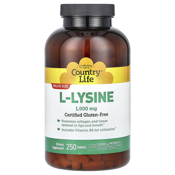 L-лизин, 1000 мг, 250 таблеток Country Life