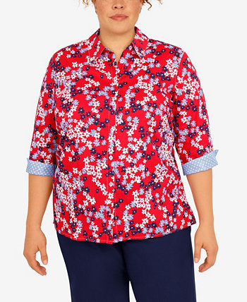 Plus Size Polka Dot Trim Floral Button Down Top Alfred Dunner
