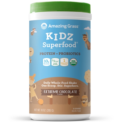 Kidz Superfood, Белок + Пробиотики, Напиток в Порошке, Экстремальный Шоколад - 15 порций - Amazing Grass Amazing Grass