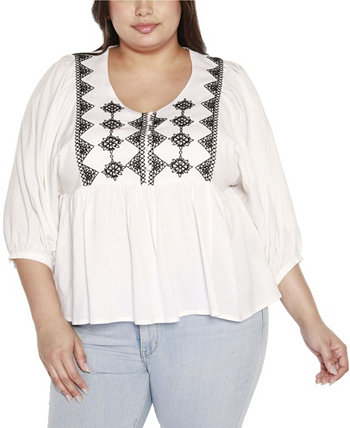 Black Label Plus Size Embroidered Boho Fit and Flare Top Belldini