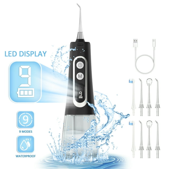 300ml Water Flosser, LCD Display Portable Water Flosser Cleaner Picks with 9 Modes 8 Jet Tips, IPX7 Waterproof Electric Flosser Oral Irrigator for Home Travel Off-dark Cshidworld