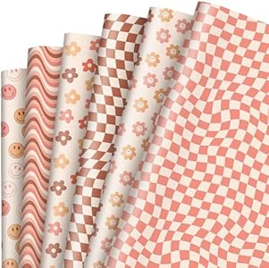 Whaline 12Pcs Retro Groovy Wrapping Paper Chocolate Color Daisy Face Checkered Gift Wrap Bulk Art Paper Folded Flat for DIY Crafts Gift Packing, 19.7 x 27.6 Inch Whaline