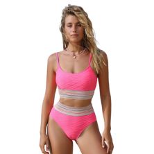 Women's CUPSHE Pink Geo-Stitch Scoop Bralette & High Waist Bikini Swim Set Cupshe