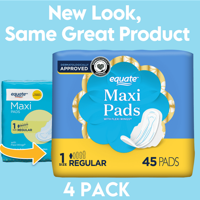 Equate Maxi Pads with Wings, Unscented, Regular, Size 1, (180 Count) Equate