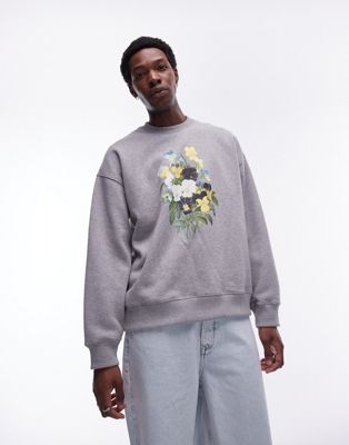 Topman oversized fit sweatshirt with flowers embroidery print in gray heather TOPMAN