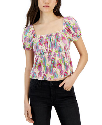 Juniors' Short-Puff-Sleeve Square-Neck Top Love, Fire