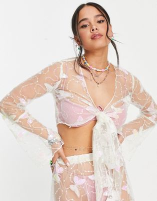 Daisy Street flare sleeve wrap crop top in butterfly mesh sequin - part of a set Daisy Street