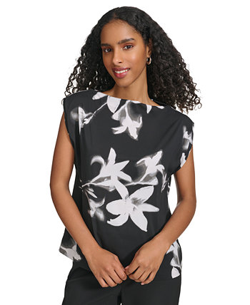 Women's Floral-Print Boat-Neck Sleeveless Top Calvin Klein