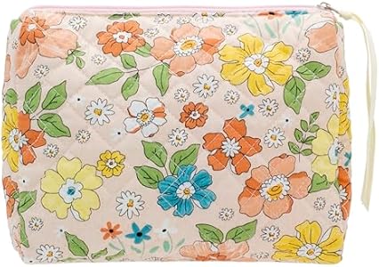 Косметичка PAZIMIIK Cotton Makeup Bag для женщин, большая, стеганая, дорожный косметический кейс, цветочный оранжевый PAZIMIIK