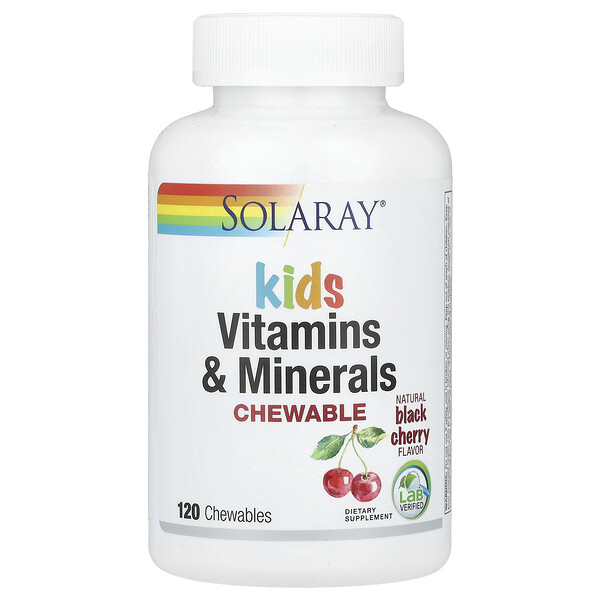 Жевательные витамины и минералы для детей, натуральная черная вишня, 120 жевательных таблеток Solaray