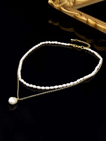 Многослойное ожерелье 18K позолоченный с натуральным жемчугом подвеска SHEIN