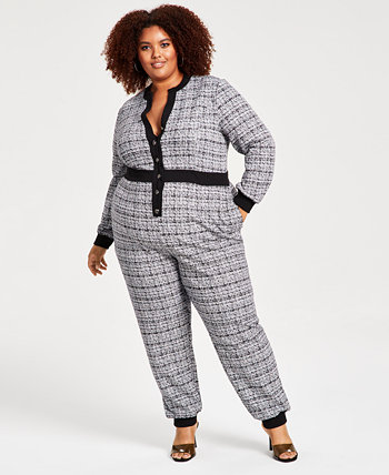 Plus Size Tweed Contrast-Trim Button-Front Jumpsuit, Created for Macy's Nina Parker