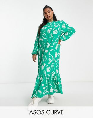 Зеленое свободное платье макси с высоким воротником и абстрактным принтом ASOS DESIGN Curve ASOS Curve