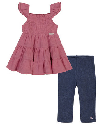 Многоярусная муслиновая туника со сборками для маленьких девочек и эластичные леггинсы-капри, комплект из 2 предметов Calvin Klein