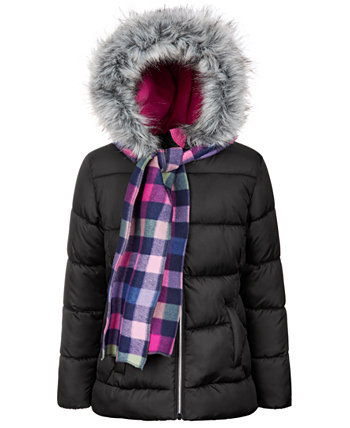 Однотонное стеганое пальто-пуховик и клетчатый шарф для больших девочек S Rothschild & CO