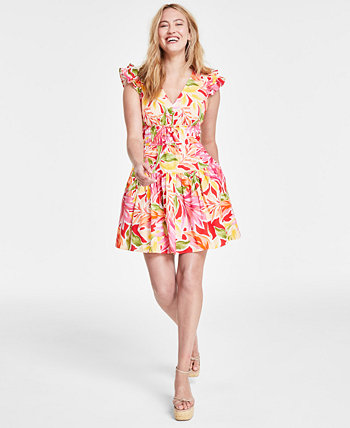 Petite Printed Flutter-Sleeve Fit & Flare Dress Vince Camuto