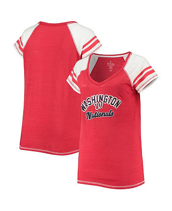 Женская красная футболка Washington Nationals Curvy Colorblock Tri-Blend с v-образным вырезом реглан Soft As A Grape