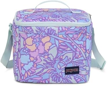 JanSport Super Snack – Insulated Lunch Bag with BPA-Free Liner, Zipper Top Opening, and Adjustable Shoulder Strap, Fluid Floral Pastel Lilac JanSport