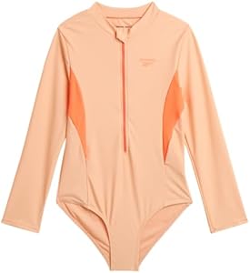 Reebok Girls' Rash Guard Bathing Suit - UPF 50+ Quarter Zip Long Sleeve One Piece Bathing Suit - Monokini for Girls (7-12) Reebok