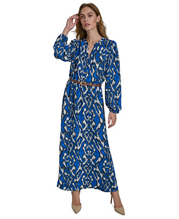 Women's Printed Long-Balloon-Sleeve Belted Dress Halston