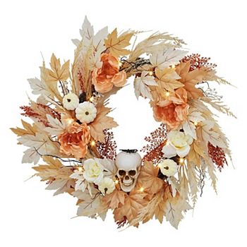 22Inch Halloween Wreath with White Pumpkins Rose Maple Leaves Garvee