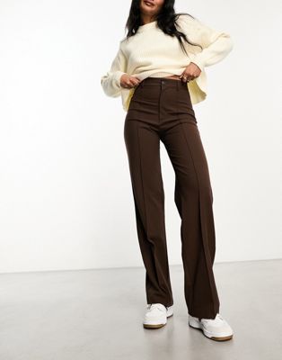 Шоколадно-коричневые брюки прямого кроя с высокой посадкой и передним швом Pull&Bear Pull&Bear