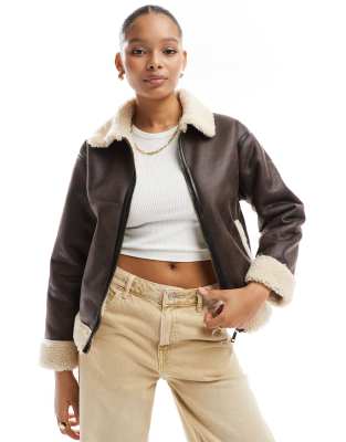 Cotton On dakota faux leather aviator jacket in brown and cream COTTON ON