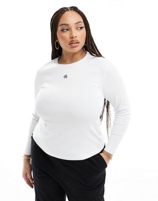 4th & Reckless Plus exclusive embroidered logo ribbed long sleeve top in white 4th & Reckless Plus