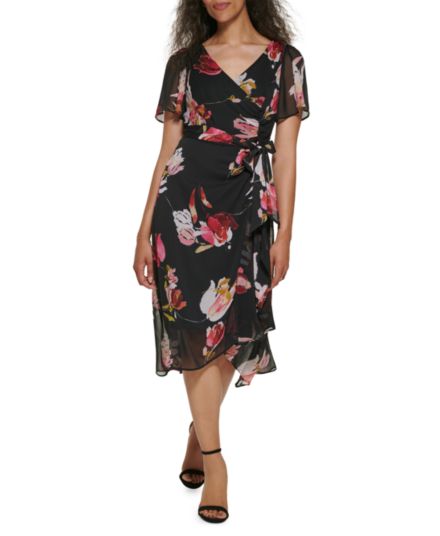 Асимметричное платье с завязками на талии и цветочным принтом DKNY