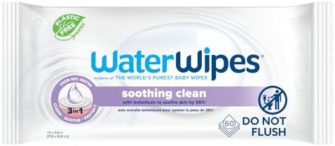 WaterWipes Soothing Clean Baby Wipes, 99% Water-Based Formula with Botanical Extract to Soothe & Protect Skin, Unscented & Hypoallergenic, 60 Count (1 Pack) WaterWipes