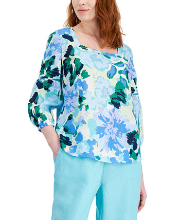Women's 100% Linen Printed Square-Neck Top, Created for Macy's Charter Club