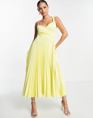 Лимонное плиссированное платье миди с воротником-хомутом Closet London Closet London